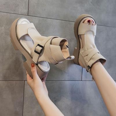 Daily Versatile Fish Mouth High Heels Summer Thick-Soled Cool Boots Soft Leather Waterproof Table High Heels Sandals Women'S Shoes