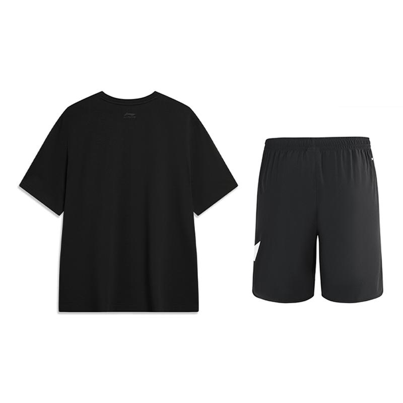 Li-Ning Letter Fashion Comfortable Quick-Dry Cool Short Sleeve T-Shirt And Mid-Waist Shorts Casual Sports Set Unisex Sets Black AHSU711-1+YKSV197-2