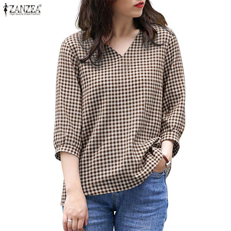 ZANZEA Women Grid Print Casual V-Neck 3/4 Sleeve Blouse