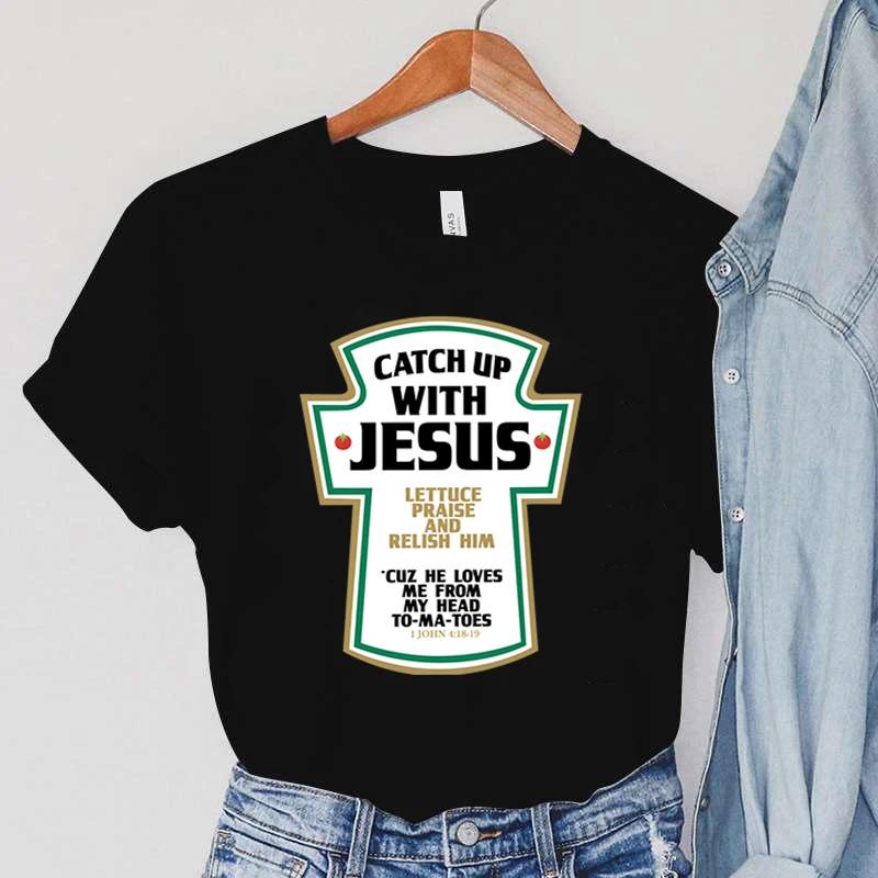 Catch Up with Jesus Dámská trička Vintage biblické verše Dámské topy Harajuku Křesťanská parodie Dámské oblečení s krátkým rukávem