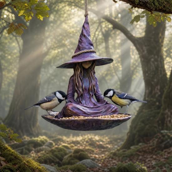 Meditating Witch Garden Bird Witch Wild Bird Feeder Purple Hat Seeds Tray