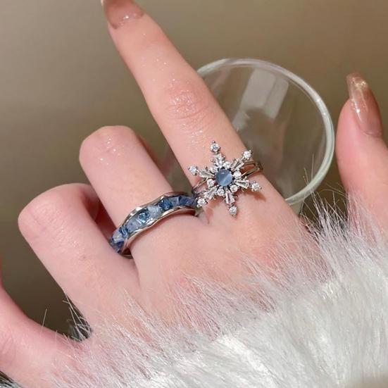 2Pcs/Set Women Ring Set, Stackable Ring with Cubic Zirconia Micro-Setting, Snowflake Row Rings Set for Jewelry Gift