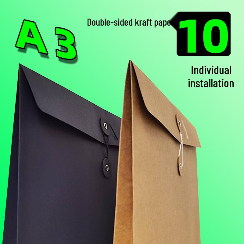 A3 Black Card Kraft Paper File Bag with String Tie for Archival Storage