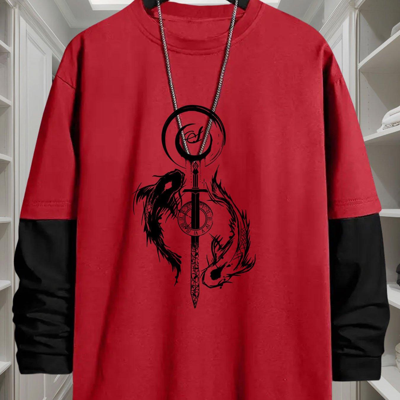

J1417 Yin-Yang Fish Print 2-in-1 Look Long Sleeve T-Shirt Men s High Street Comfort Streetwear Fashion Top XXL червоний