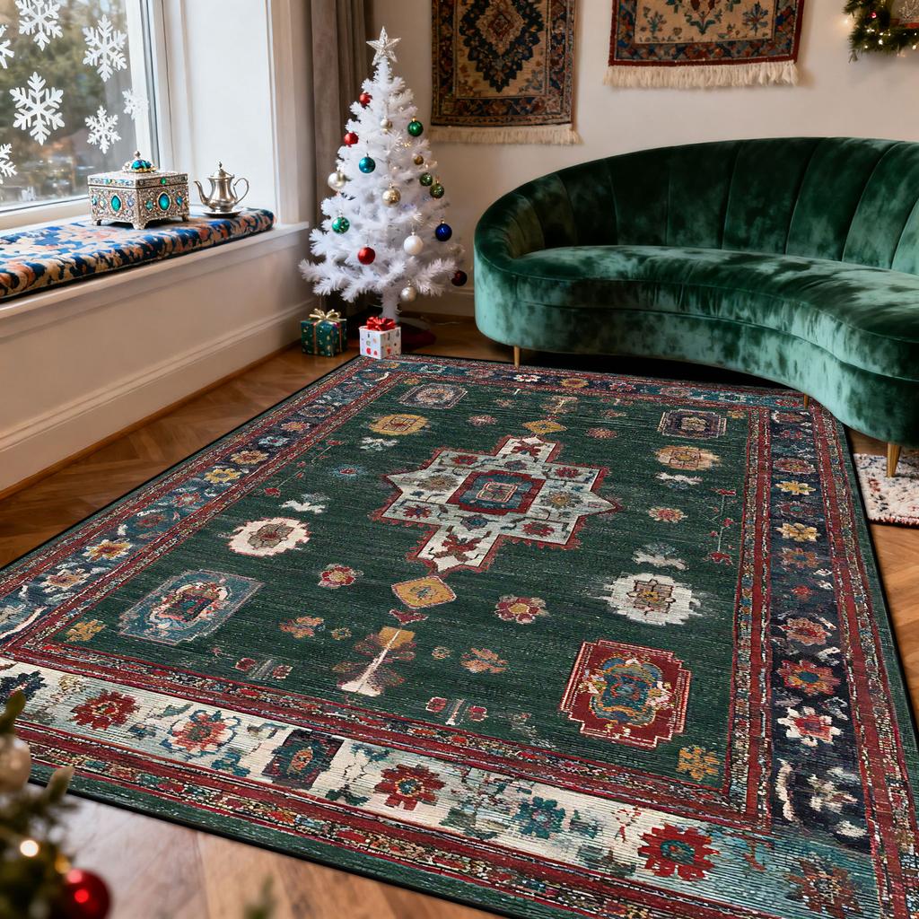 Green Christma Style Living Room Carpet Persian Retro Decoration Christma Tree Side Plush Rug Bedroom Easy Clean Soft Floor Mat