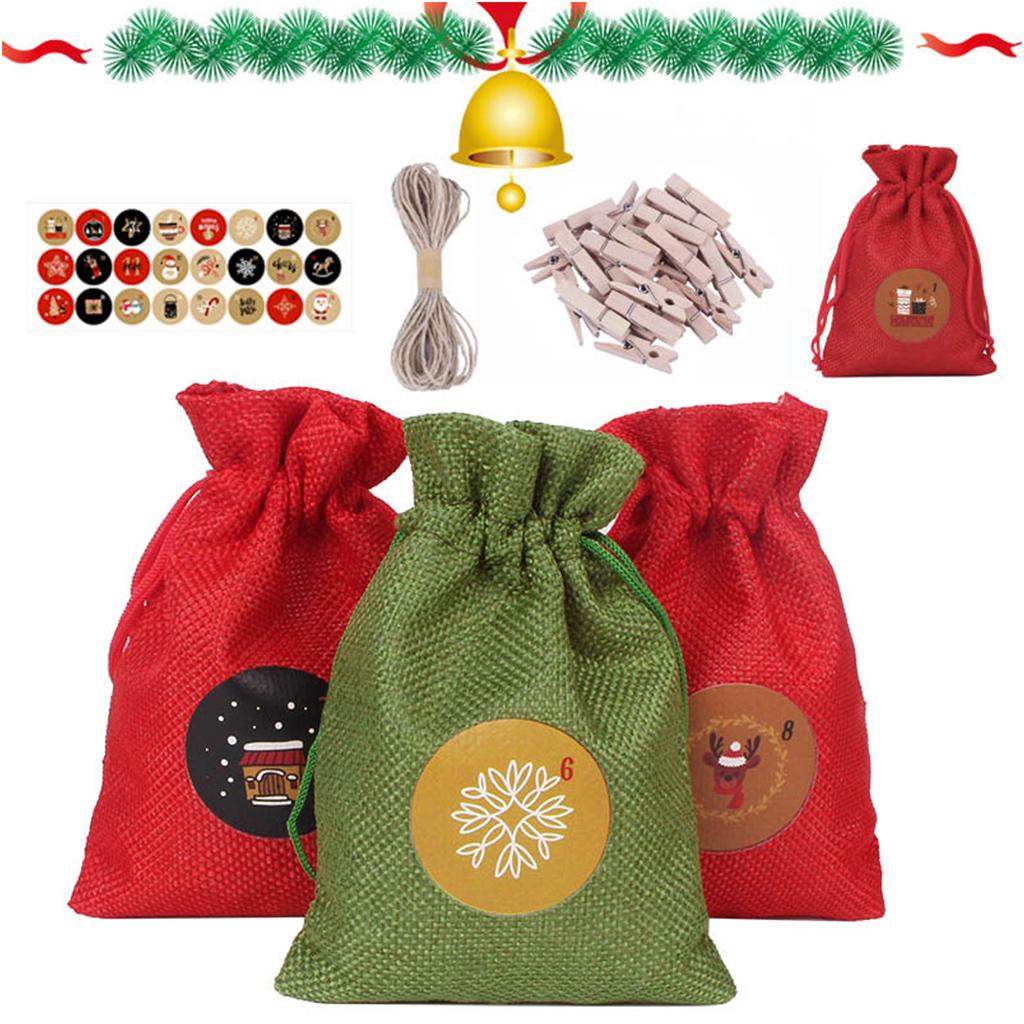 24 Sets Christmas Advent Calendar Drawstring Bag with Stickers Wooden Clips Ropes Hanging Countdown Candy Gift Pouch DIY Xmas Home Party Favors