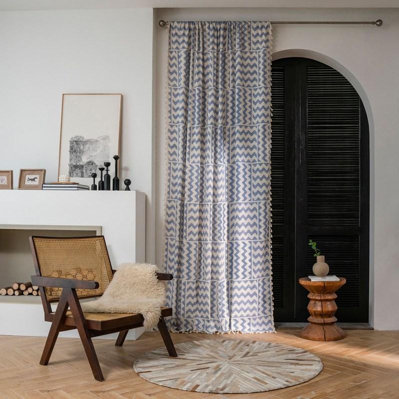 American Style Cotton Linen Blue Ripple Printing Tassels Window Curtain Blackout Valance Bedroom Living Room  Semi-shading Drape