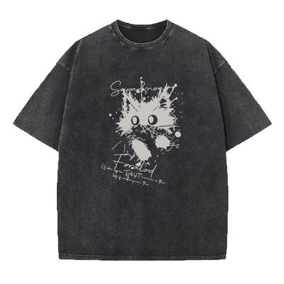Spring Summer New Washed TShirt Loose Fitting Casual Cat Print Pure Cotton Crew Neck Short Sleeve Retro Street Style