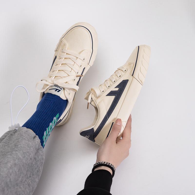 Warrior Trendy Versatile Retro Breathable Lightweight Low-Top Canvas Shoes Unisex sneaker Beige Dark-Blue WXY-B249MJ06