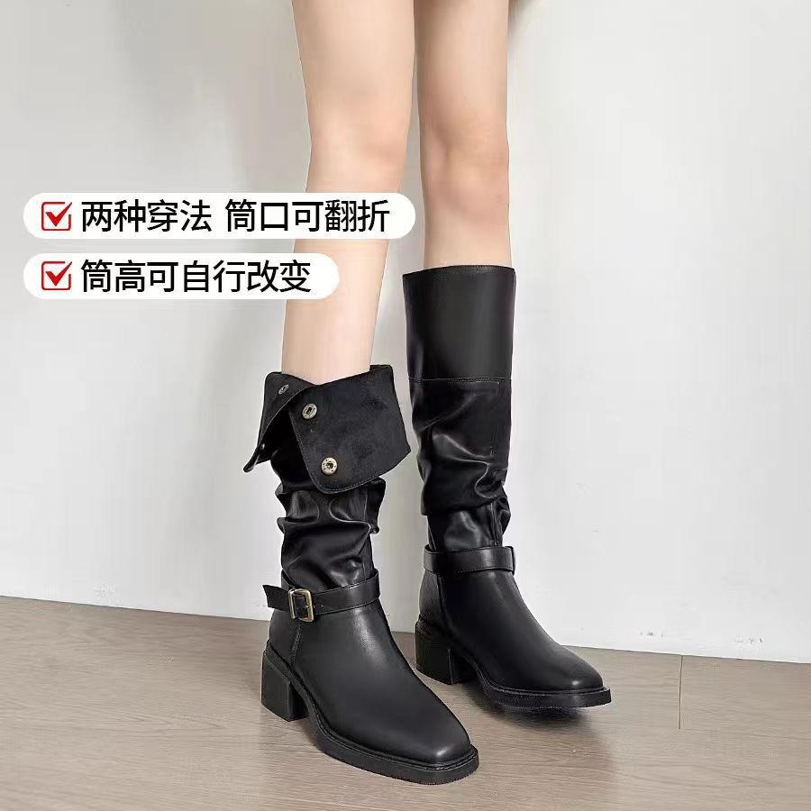 Pleated Pile Boots Long Boots Women's Thick Heel 2025 New Square Head Belt Buckle Western Cowboy Boots Tall Knight Boots