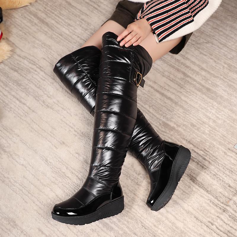 Women Snow Boots 2025 Winter Black Over the Knee Booties Warm Waterproof Cloth Padded Cotton Wedges Thick Plush Platform Shoes