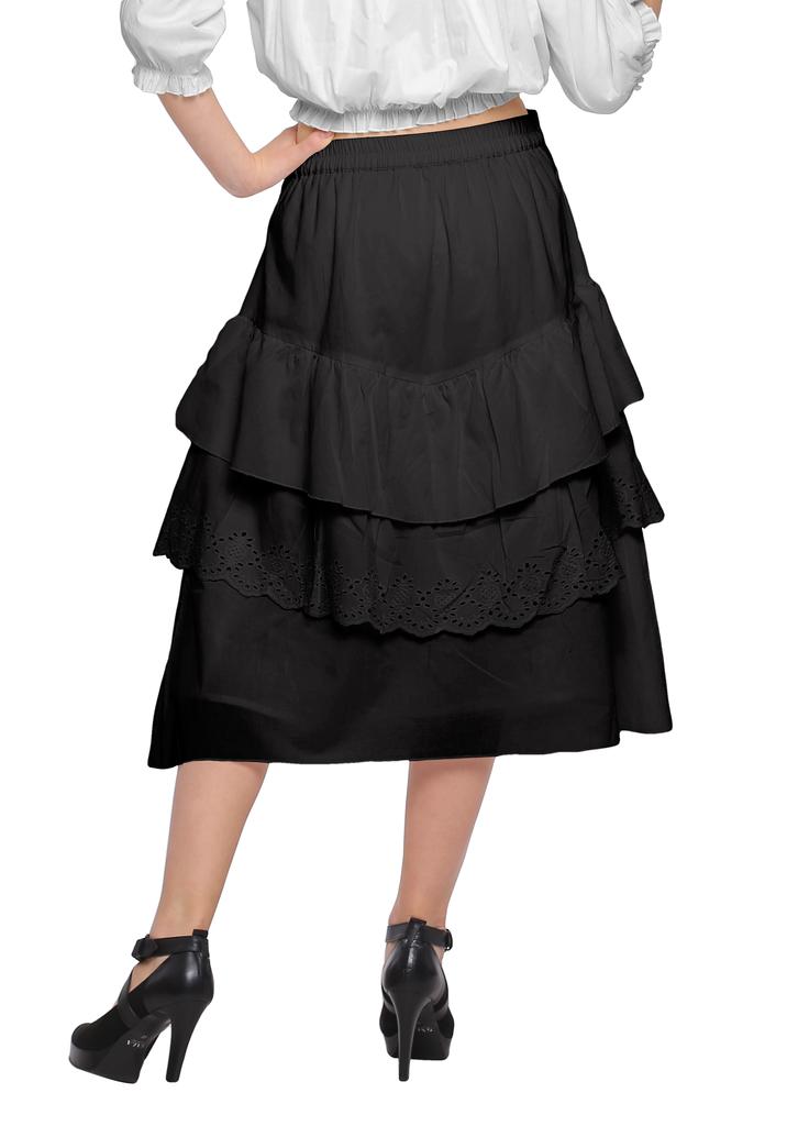 Moomaya Solid Cotton Skirts For Women Knee Length With Lace Belt Ruffle