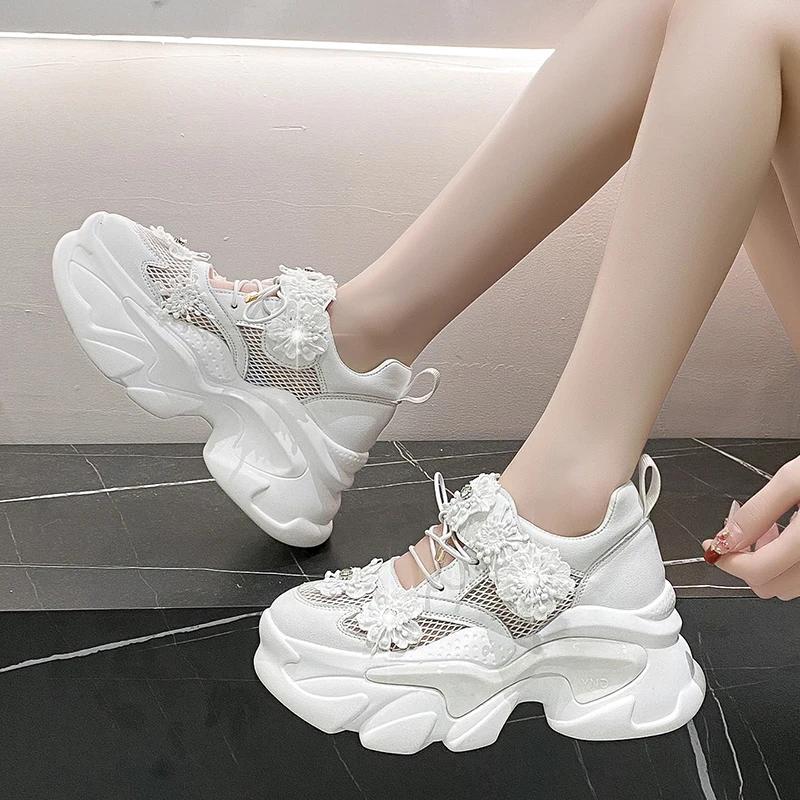 Fashion Women Platform Casual Breathable Crystal Flower Shoes Summer Chunky Sneakers 7.5CM Hidden Heels Hollow Leisure Shoes Woman