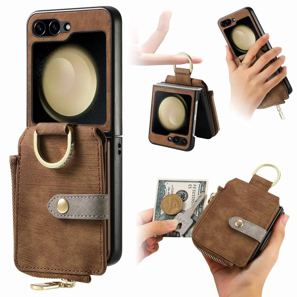 Zipper Cards Solt Purse Ring Holder Vintage Leather Wallet Case for Samsung Galaxy Z Flip 7 FE 6 5 4 5G Flip5 Bag Stand Cover