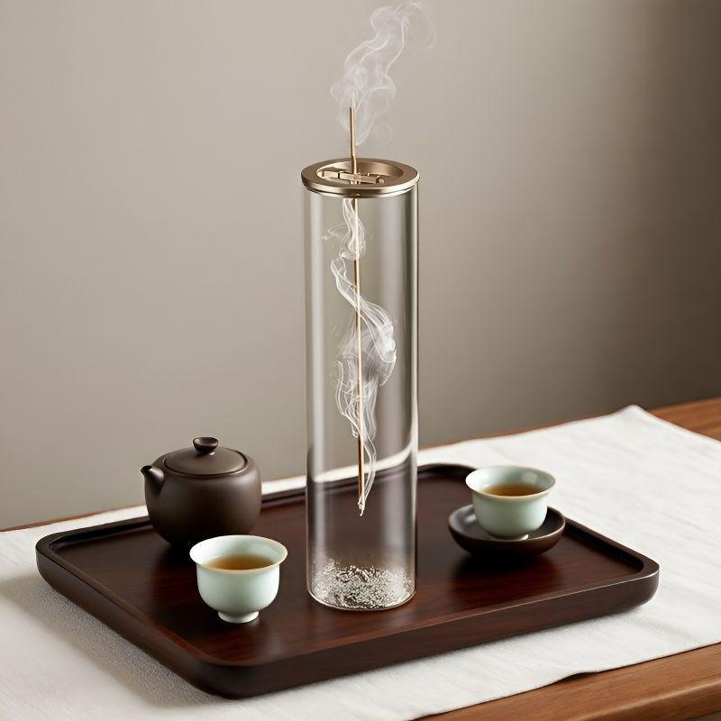 Inverted Metal Incense Holder with Glass Container - Dustproof Anti-Ash Vertical Burner for Study Room
