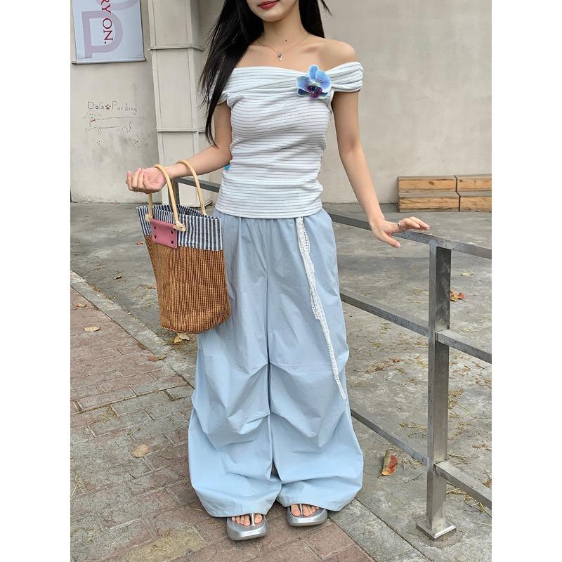 

Casual overalls women s new summer thin high-waisted thin loose wide-leg straight-leg pants blue pants S синий