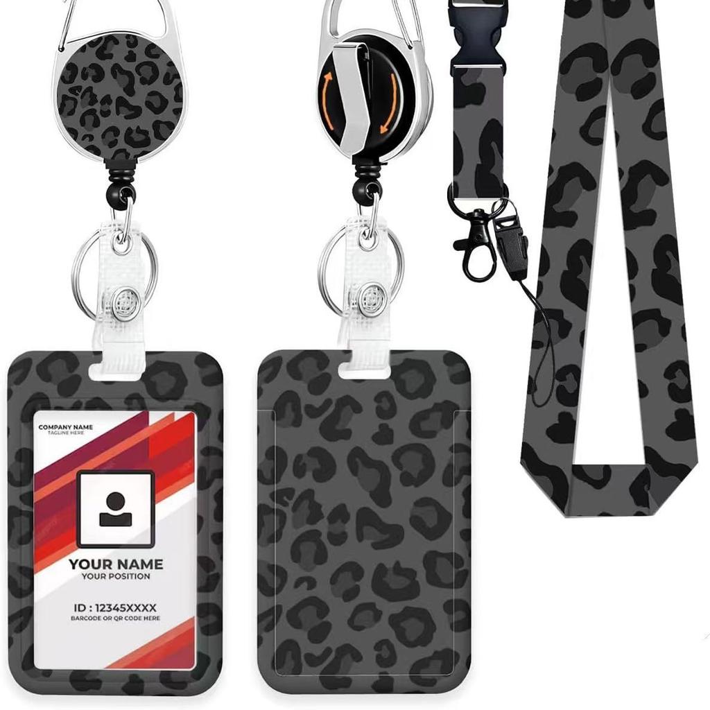 Leopard Print ID Badge Holder with Lanyard Retractable Badge Reel Belt Keychain Lanyards Clip Vertical ID Card Cover Sleeve Case