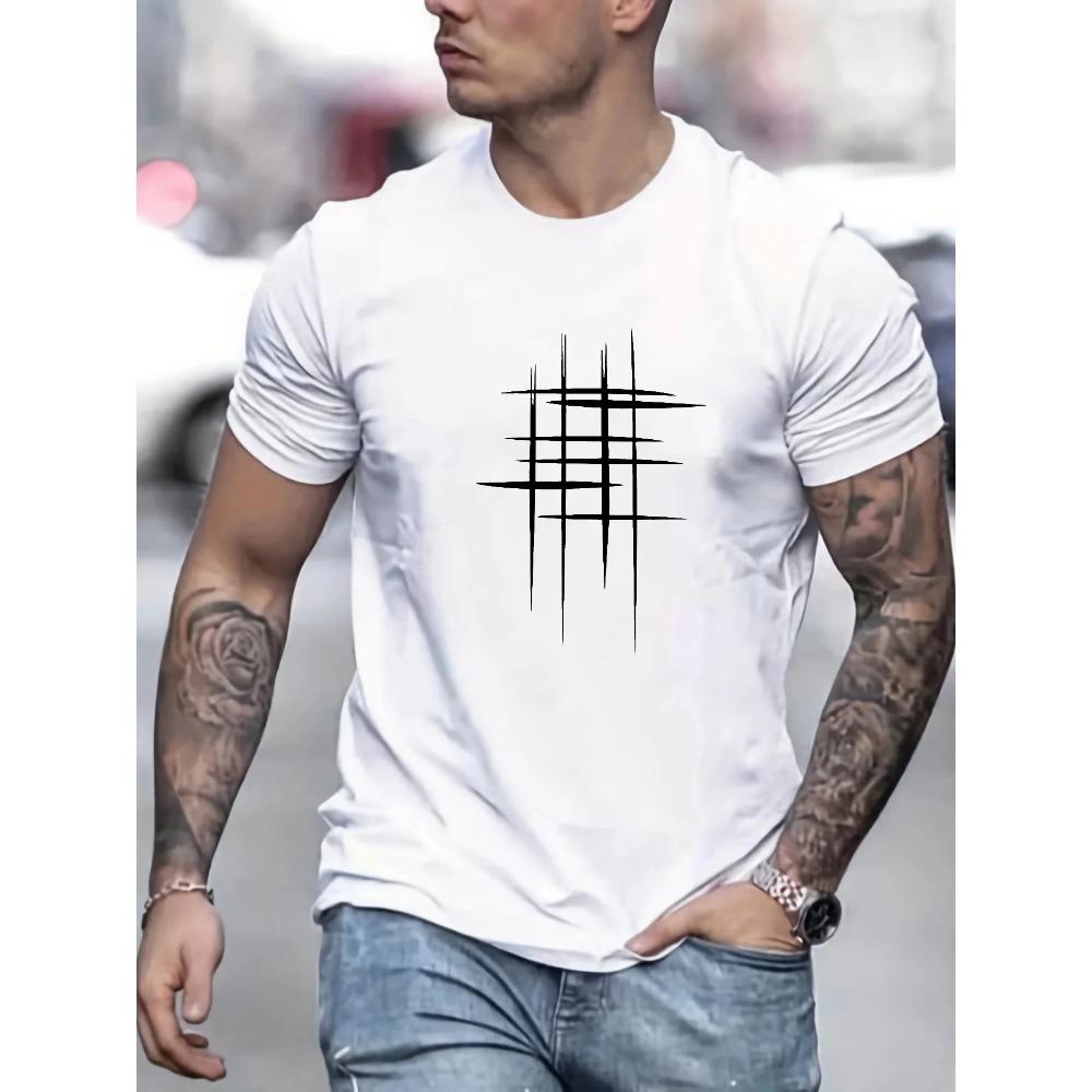 Summer Men's 100% Cotton Casual Loose Size Graphic Line Print Round Neck Short Sleeve T-shirt Top