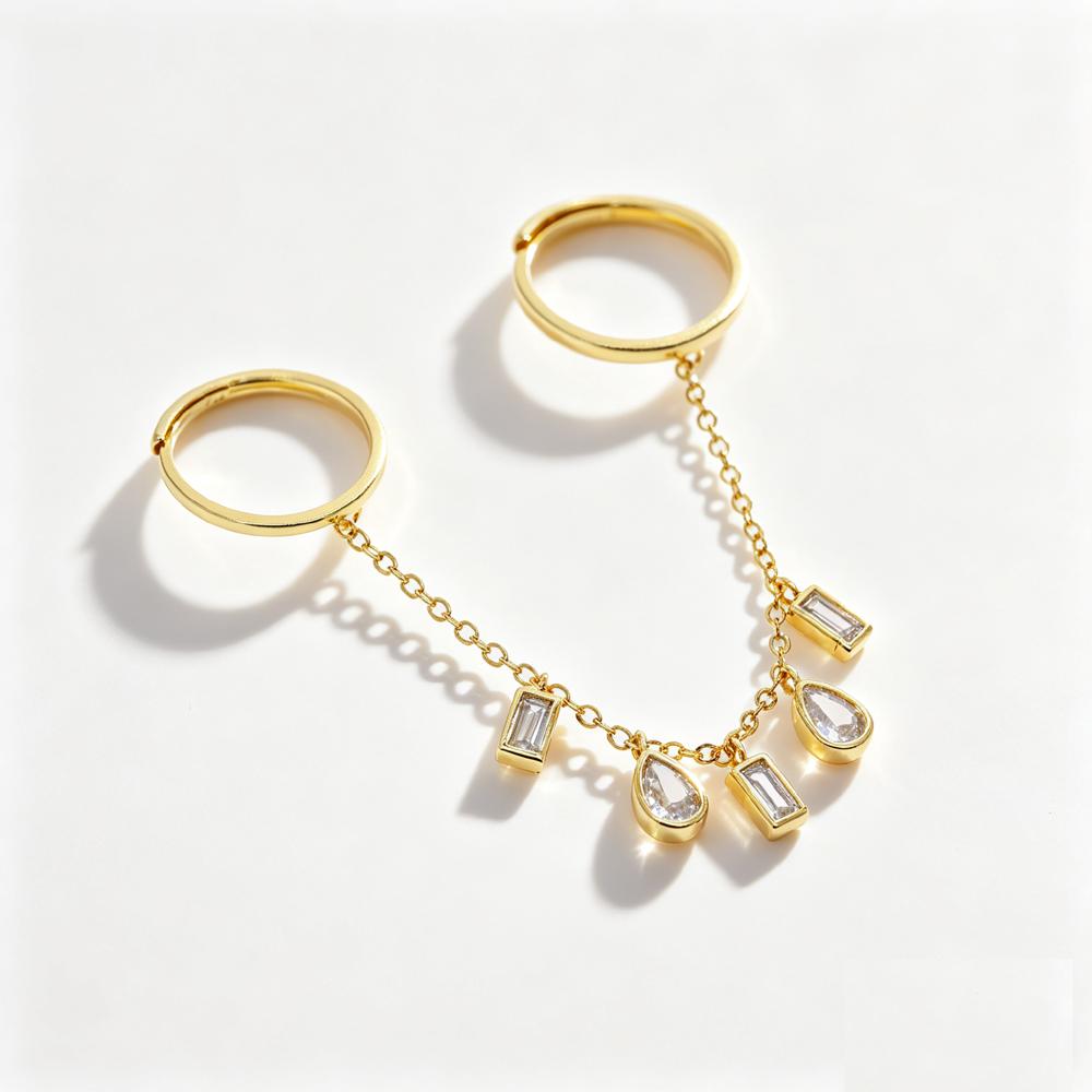 2026 New Arrived Fashion Women Jewelry Geometric Bezel CZ Drop Charm Tassel Chain Double Finger Ring Gold Plated