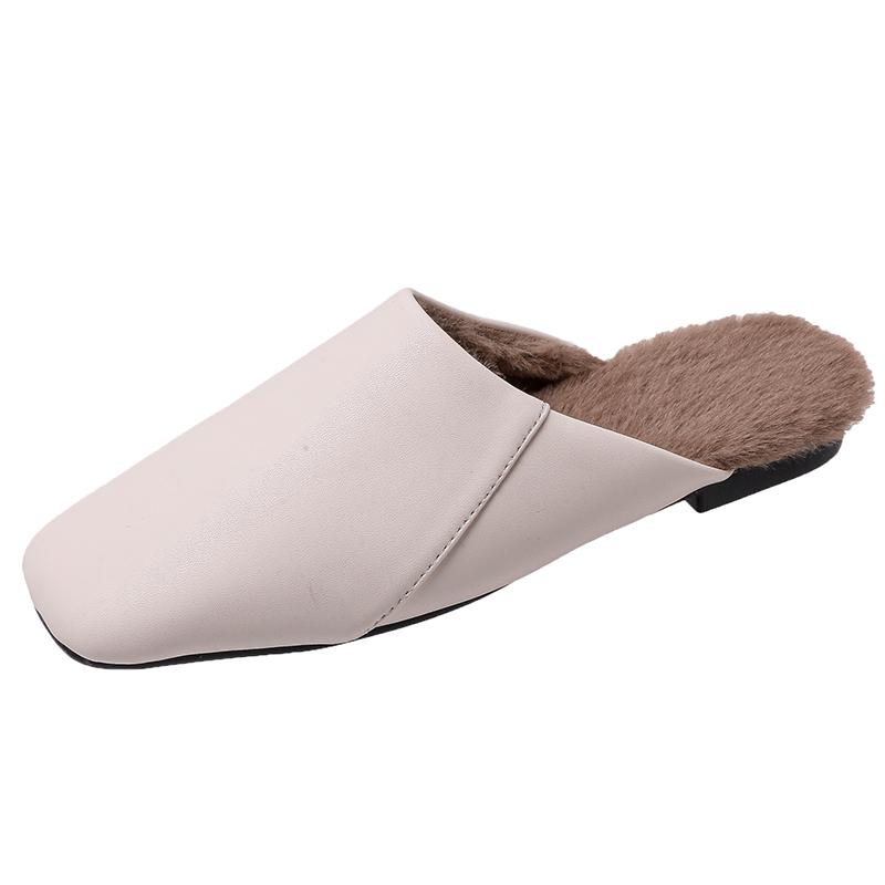 Fashion Retro Square Soft Wool Slippers Women Fall and Winter Solid Color Fashion Joker Leisure Plush Lazy Flat-bottomed Baotou Slippers