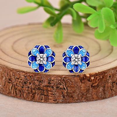 Buyee 925 Sterling Silver Flower Earring Blue Enamel Light Zircon Earring for Woman Family Party Fine Jewelry Earring