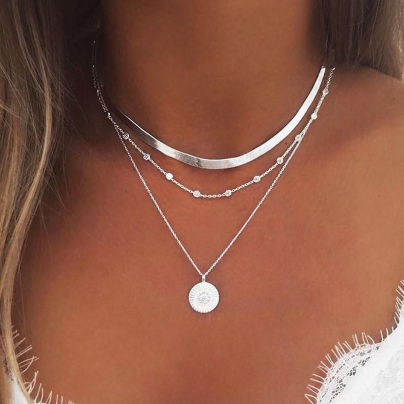 Silver Color Multi-layer Round Pendant Necklace for Women Exquisite Three-Layer Sweater Chain Jewelry for Gifts