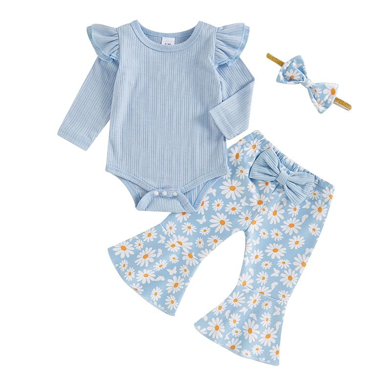 Baby Girl 3 Piece Fall Outfit Long Sleeve Ribbed Romper Daisy Flare Pants Bow Headband