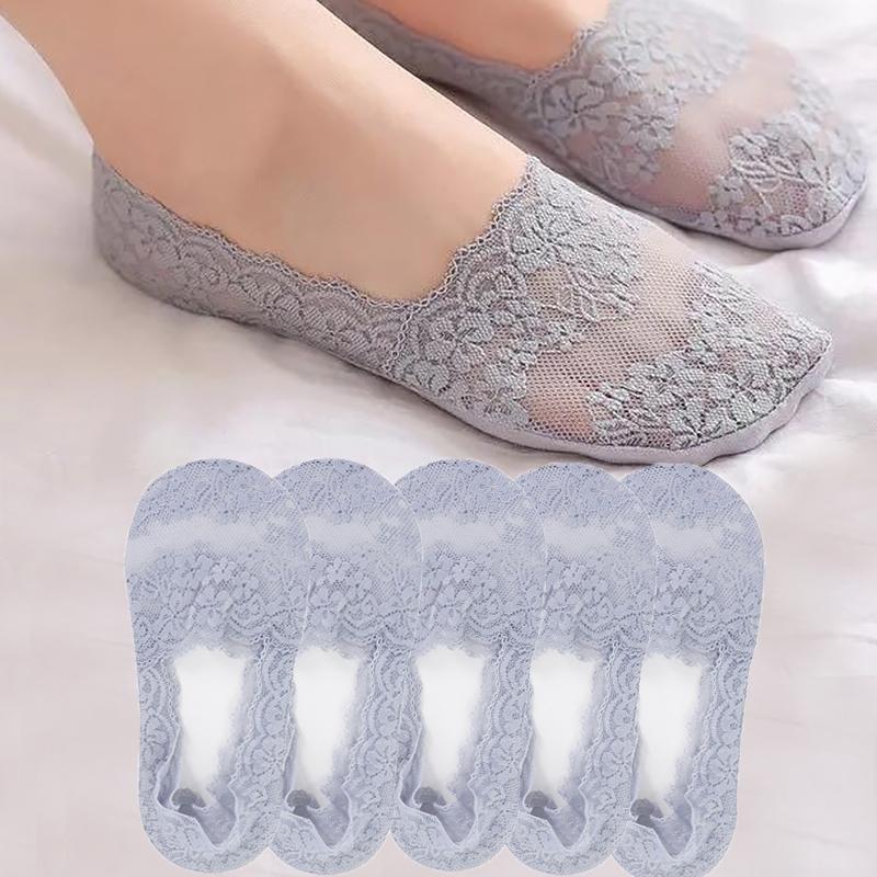 New Women Lace Socks Shallow Mouth Slipper Cotton Female Socks Bottom Silicone Non-slip Invisible Cute Socks Set 5 Pairs