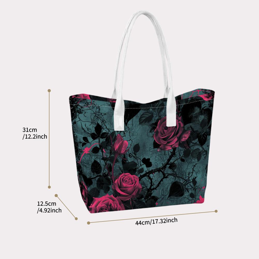 Gothic Rose Pattern Tote Bag Elegant Dark Style Large Capacity Daily Shoulder Bag for Women