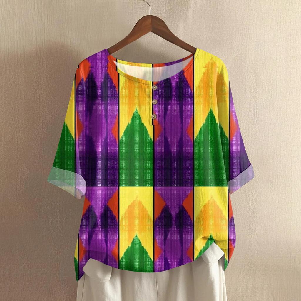 Women's Fashionable And Casual Shirt Half-sleeve Round Neck Cotton And Linen Blouse Top