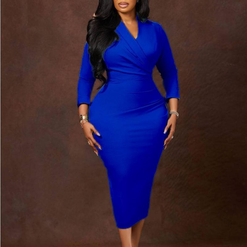 Plus Size Women Sexy Slim Fit V Neck Solid Color Bodycon Pencil Midi Dress