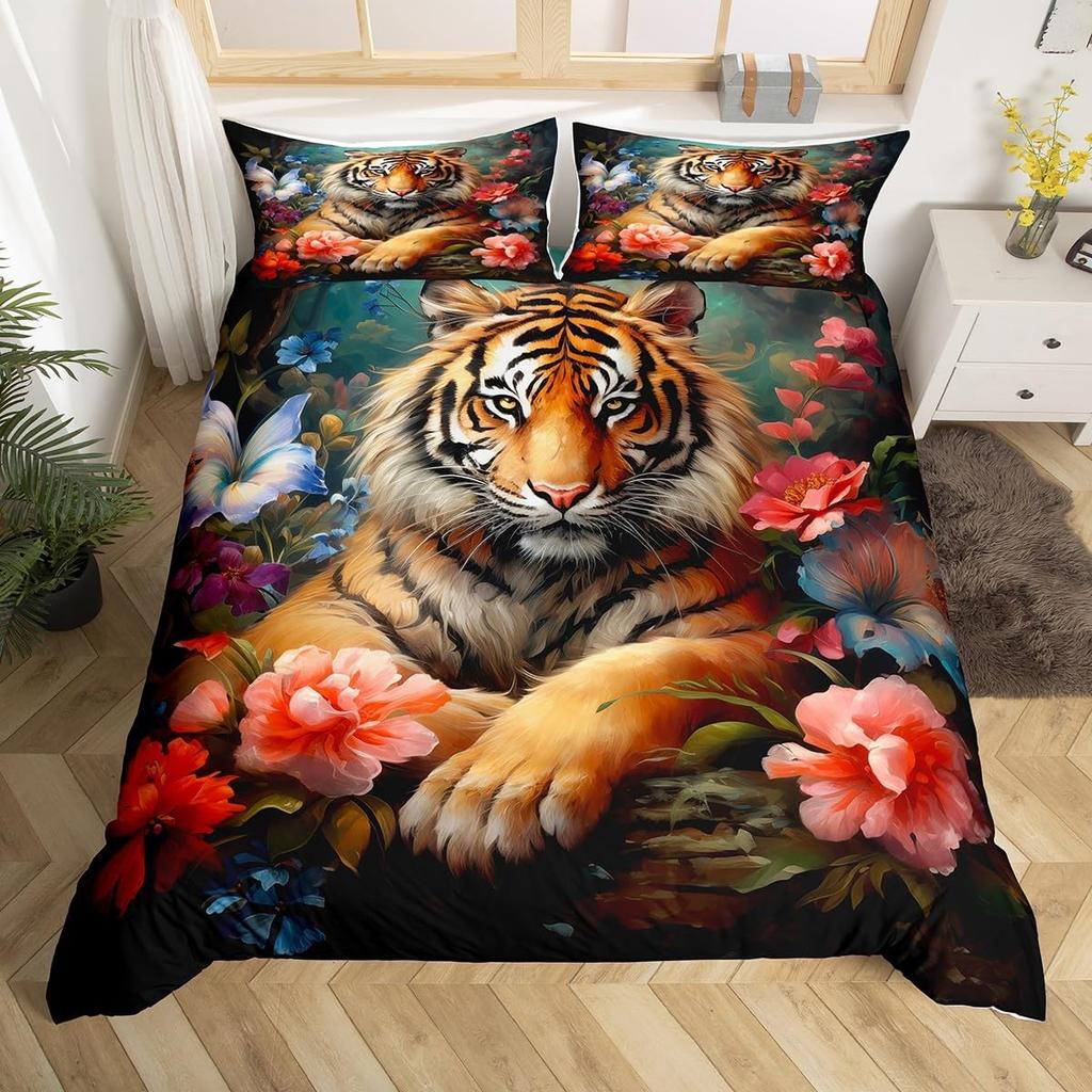 Tiger Duvet Cover Set Twin Queen for Boys Girls Wild Animal Print Bedding Set Soft Microfiber Comforter Cover with 2 Pillow Sham