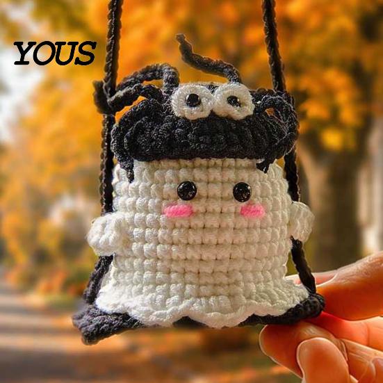 Handmade Aesthetic Car Decor Cute Crochet Ghost Ornaments, Mini Knitted Doll, Hanging Accessory Decorative Rearview Mirror for Auto Interior