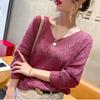 V-neck Crocheted Hollow Knitted Three-quarter Sleeve Blouse Women's Thin Spring Loose Bat Shirt Short Top