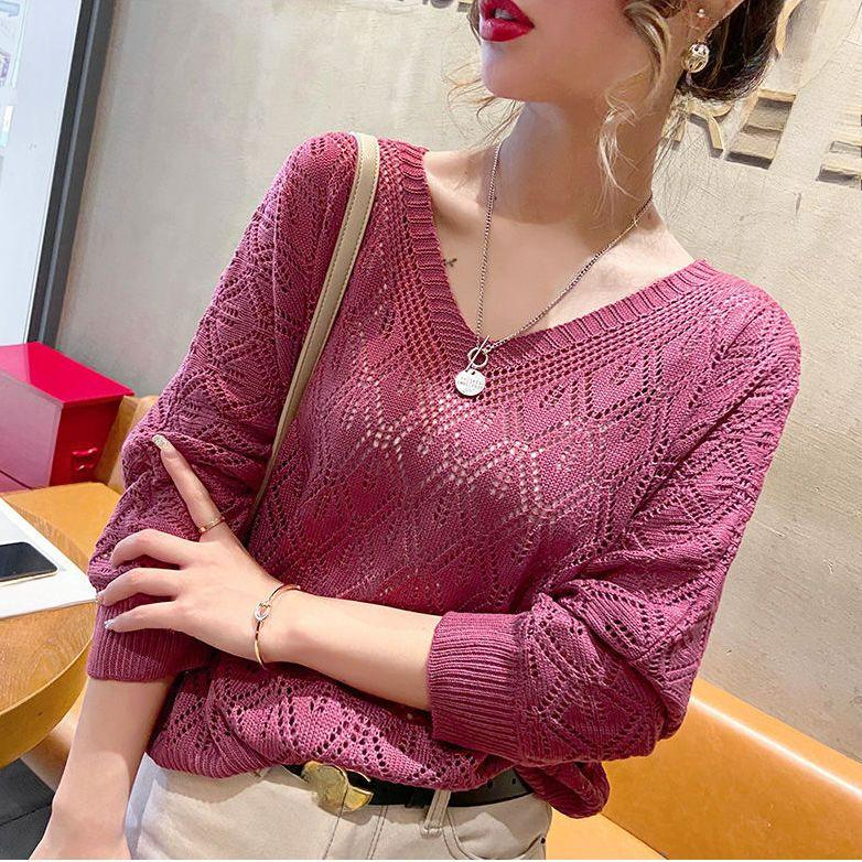 V-neck Crocheted Hollow Knitted Three-quarter Sleeve Blouse Women's Thin Spring Loose Bat Shirt Short Top