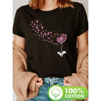 Dandelion Pink Ribbon Print T-shirt, Short Sleeve Crew Neck Casual Top for Summer & Spring, Women's Clothing