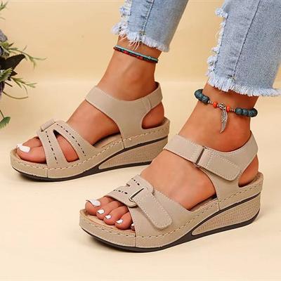 New Sandals Women's Wedge Heel Velcro Thick Sole Large Size One-word Sandals