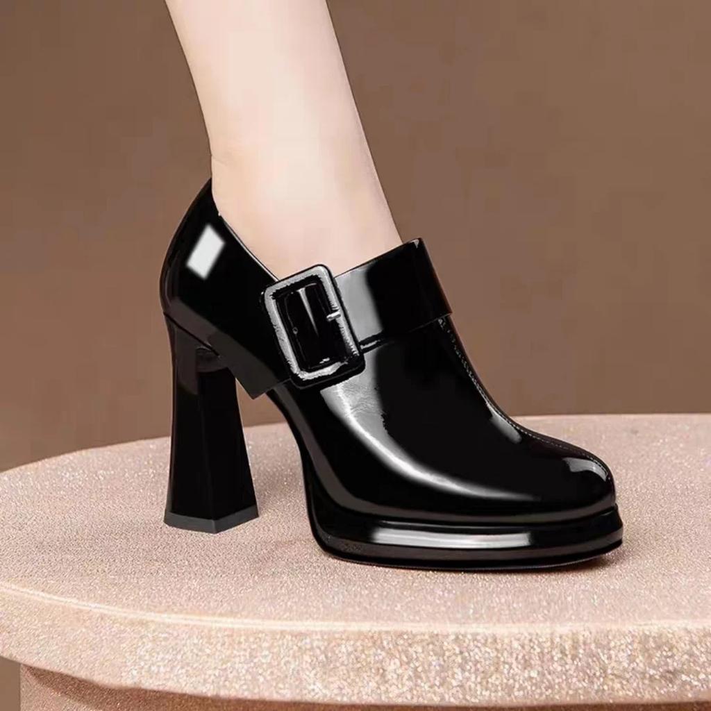 Pantofi de damă cu tăietură adâncă din piele lăcuită pantofi cu un singur strat toc gros cap rotund platformă impermeabilă pantofi de lucru profesionali cu toc înalt