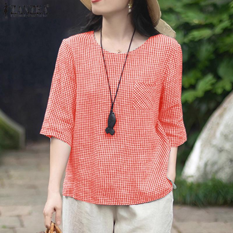 ZANZEA Women Casual Round Neck Plaid Print Loose Half Sleeve Blouse