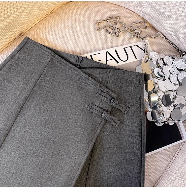 Gray Buttoned A-Line Skirt with Slit - Women's Spring/Summer Chinese Style Hip-Wrapped Skirt