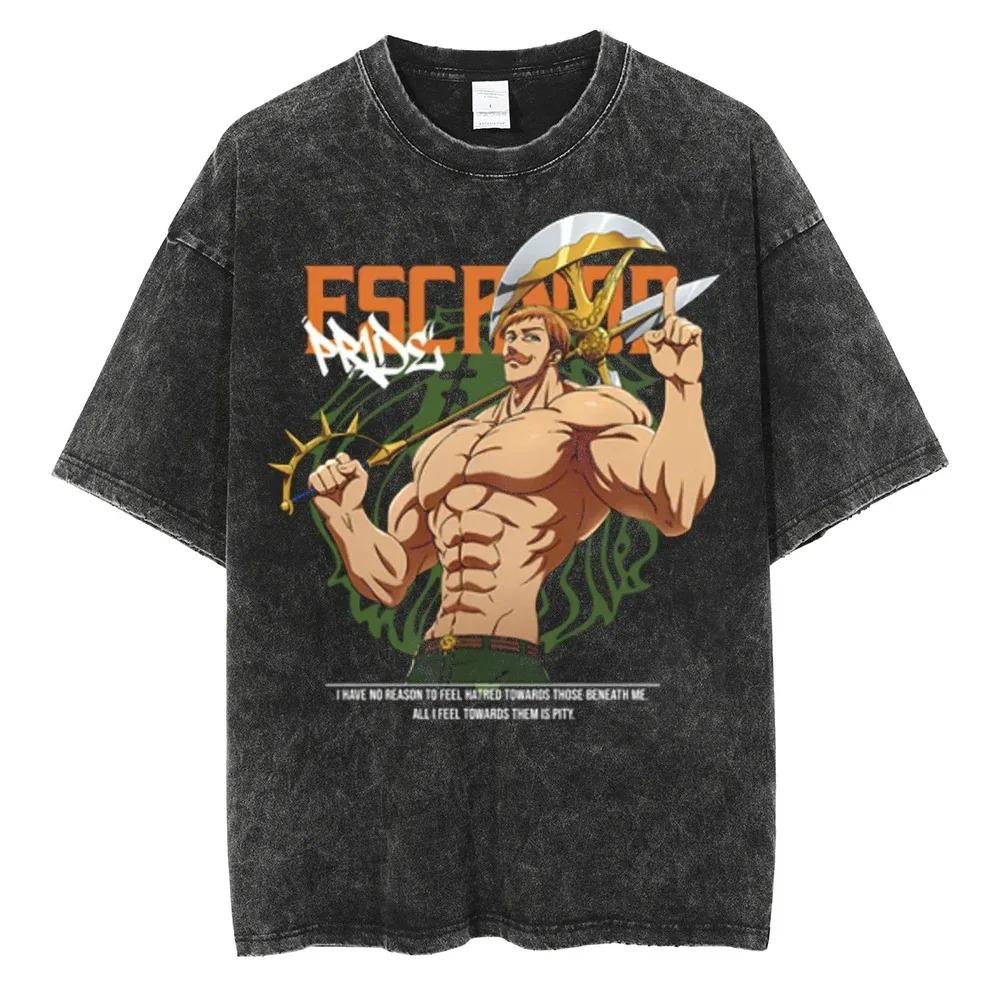 Japanischer Anime Die Sieben Todsünden Print Mann Frau Baumwolle Vintage Gewaschenes T-Shirt Sommer Retro Locker Harajuku Y2K Oberteil