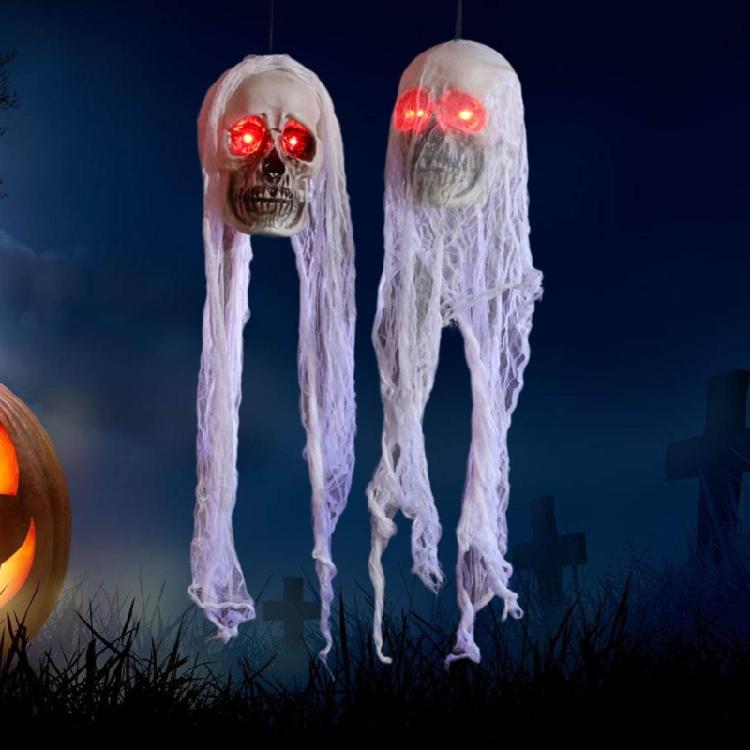 Halloween Hanging Skull with Glowing Eyes Decorations Horrific Hanging Skull Sculpture Festival Parties Decorations