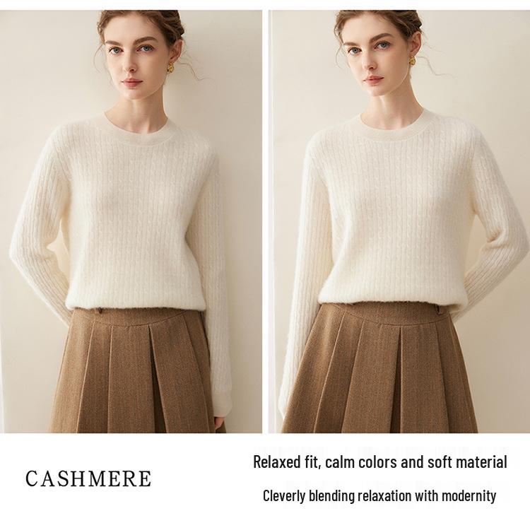 Women's 100% Cashmere Cable Knit Sweater: Winter 2026 Loose Pullover with Round Neck and Long Sleeves