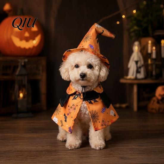 Ghost Themed Pet Outfit 1 Set Halloween Costume, Adjustable Wizard Hat And Cape, Cute Pumpkin Costume Prints, Fun for Small Dogs Cats Festive