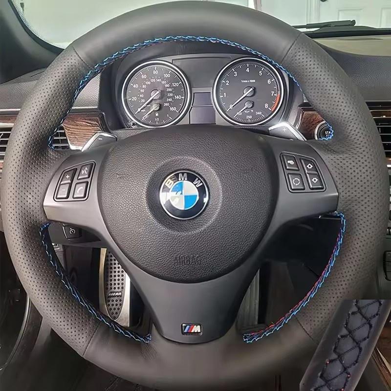 For BMW E81 E90 Pack M Sport M3 E91 E92 E93 E87 E82 E88 X1 E84 Full Black Leather Car Steering Wheel Braid Soft Leather Cover