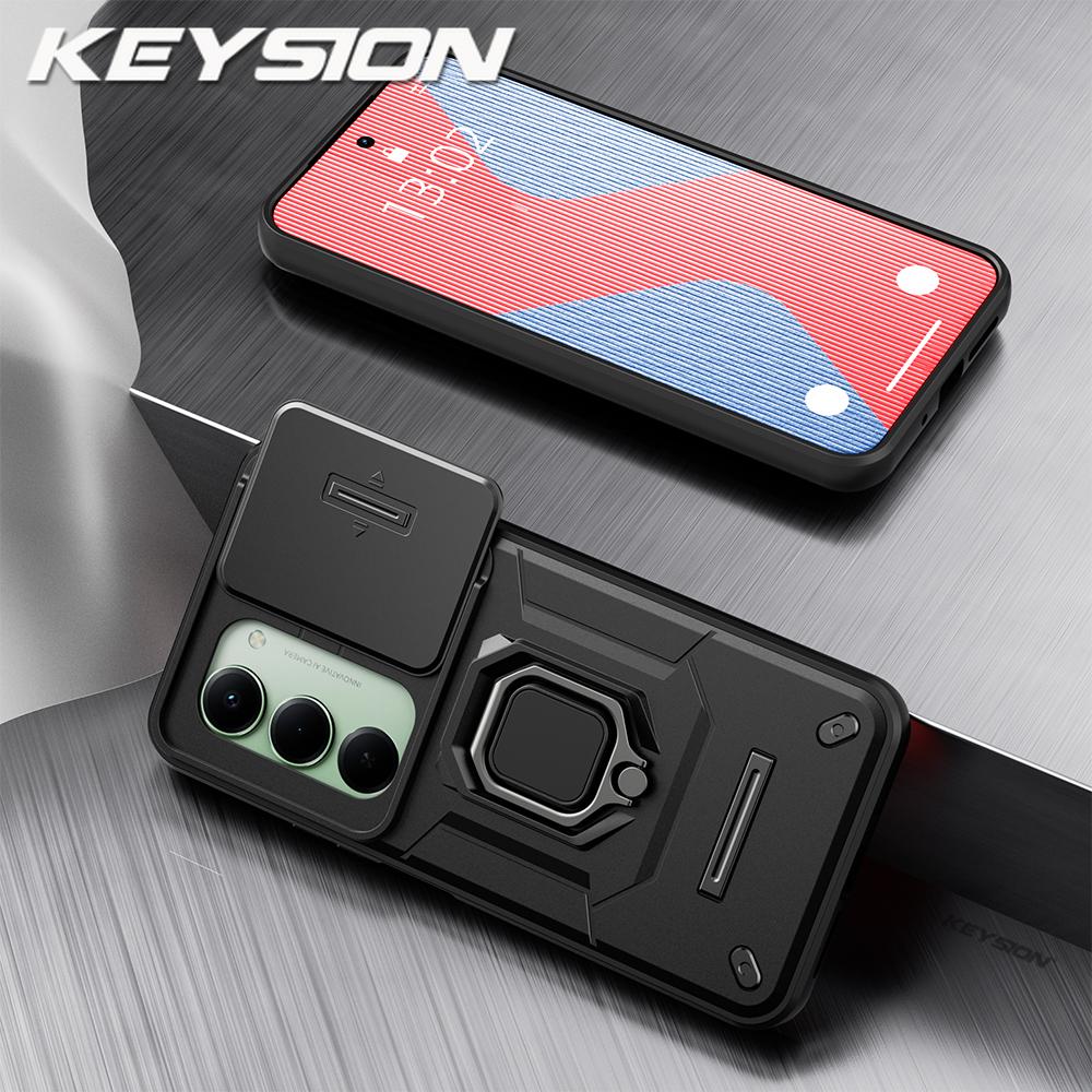 KEYSION Shockproof Armor Case for Redmi 15 169.5mm 171mm Slide Camera Lens Protection Metal Ring Stand Phone Cover for Redmi 5G
