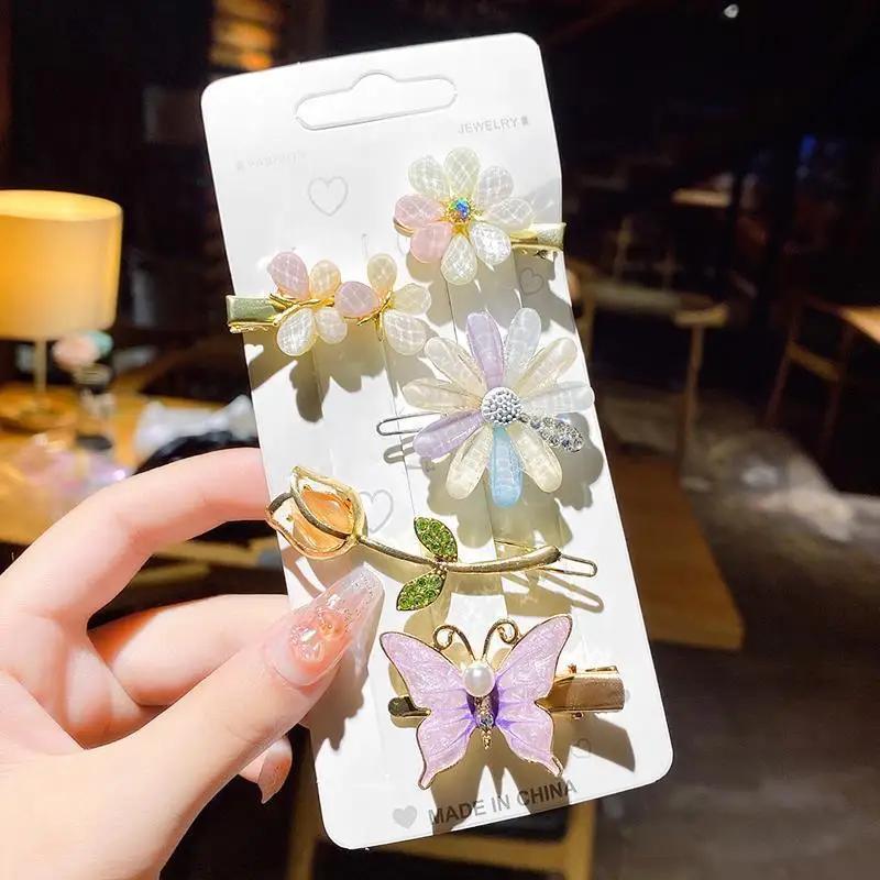 

4pcs Sweet Colorful Rhinestone Pearl Hairpin Shinning Flower Heart Hair Clips Girls Side Barrettes Cute Pins Accessories