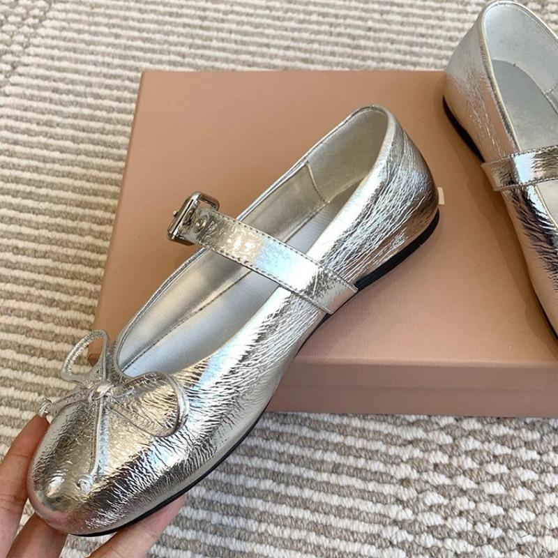 Sheepskin version~ Design sense belt buckle flat bottom shallow mouth single shoes women's bow round head Mary Jane shoes women's shoes