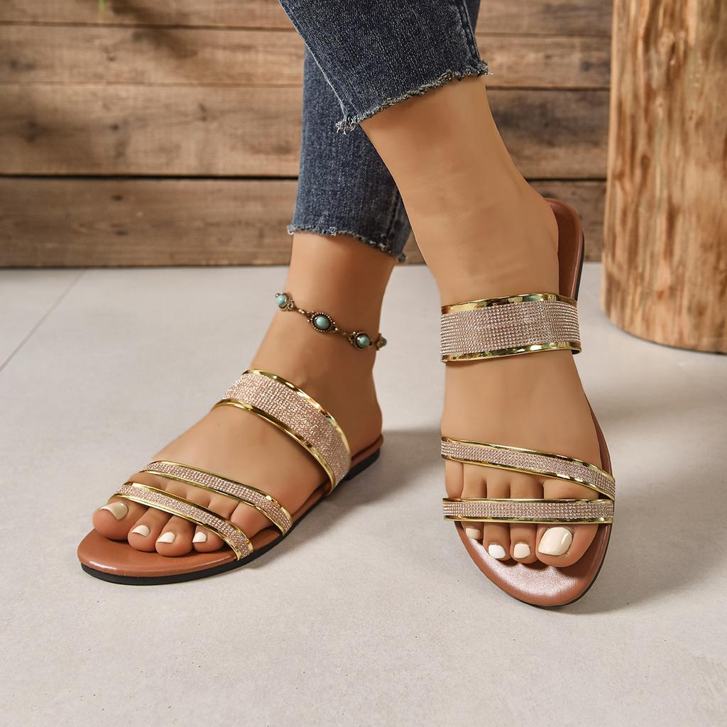 Summer Women Slippers Beach Casual Slippers Patent Leather Flat Heel Sandals Sparkle Bling Rhinestone Shoes Slides Women