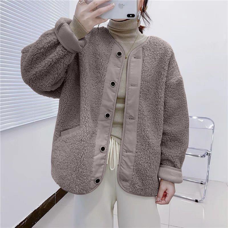 Women's Korean-Style Lambswool Plush Coat - 2025 Autumn/Winter Casual Loose Fit Baseball Jacket